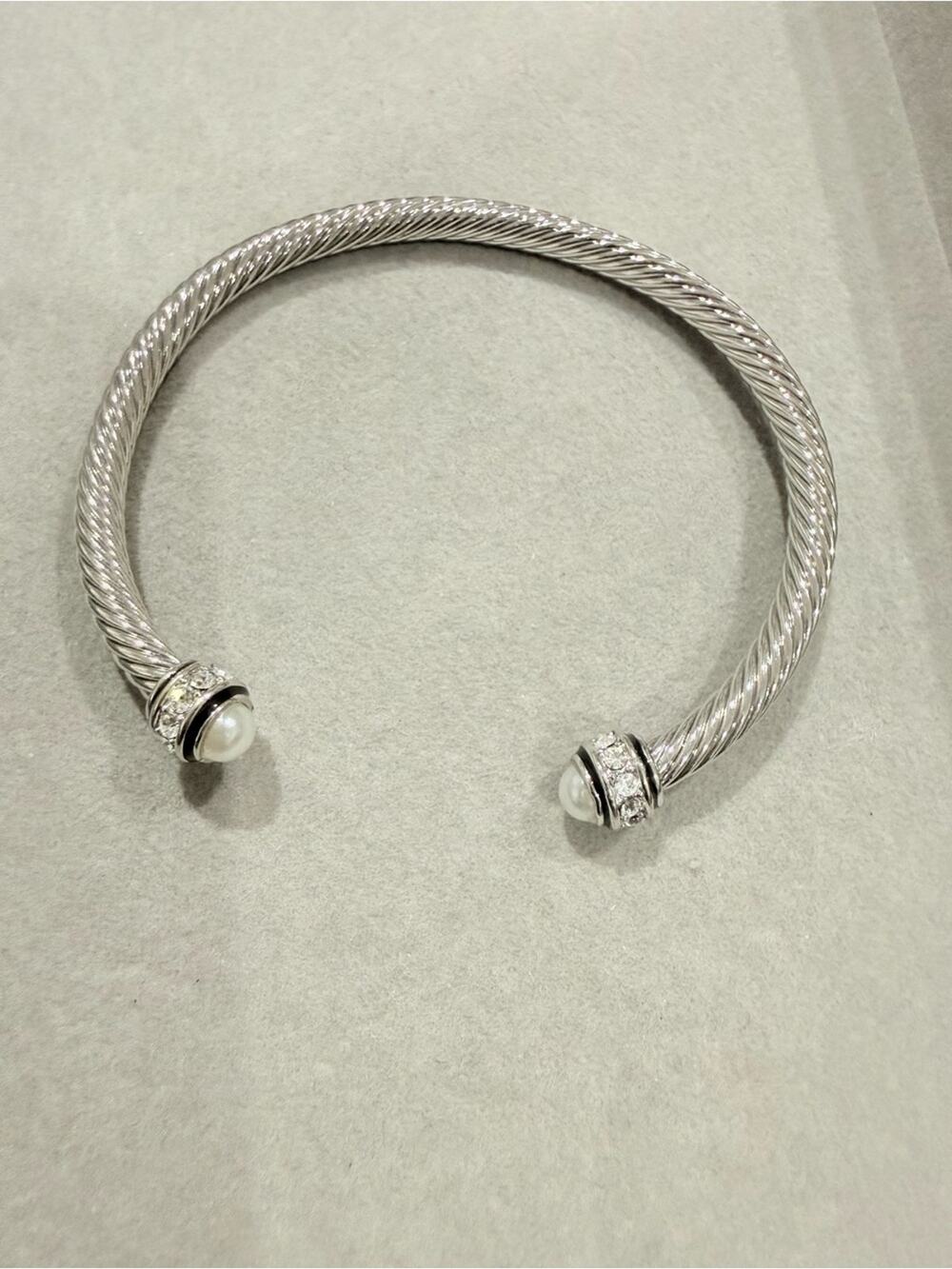 Classic Silver Cable Cuff Bracelet with Pearl Ends CZ accents elegant gift